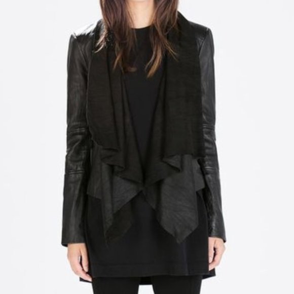 Zara Jackets & Coats Zara Black Leather Waterfall Collar Jacket